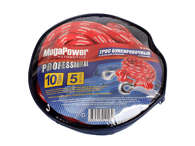 Трос буксировочный 10000кг длина 5м, плетёный шнур (с крюками) в чехле MEGAPOWER M-75105B PREMIUM